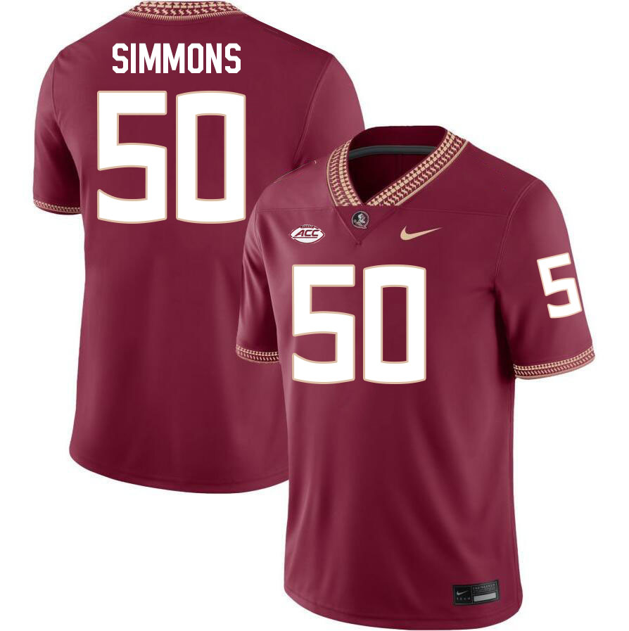 #50 Ron Simmons Florida State Seminoles Jerseys Football Stitched-Maroon